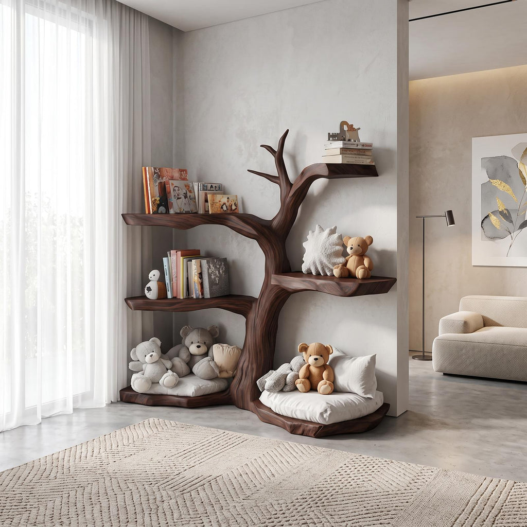 Rustic Corner Tree Bookshelf, Solid Wood Kids Bedroom Wall Hanging Bookcase & Toy Storage Organizer Shelf