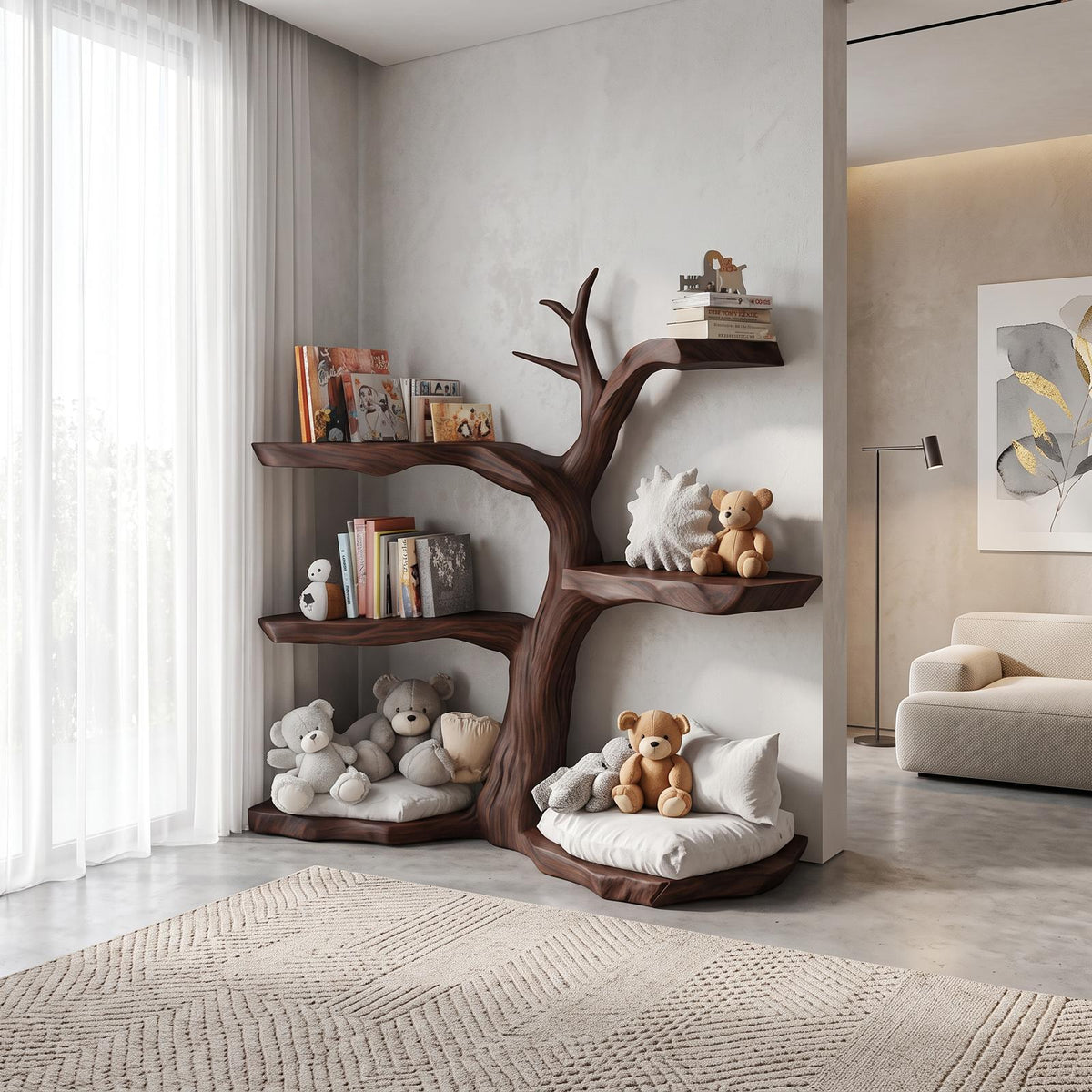 Rustic Corner Tree Bookshelf, Solid Wood Kids Bedroom Wall Hanging Bookcase & Toy Storage Organizer Shelf