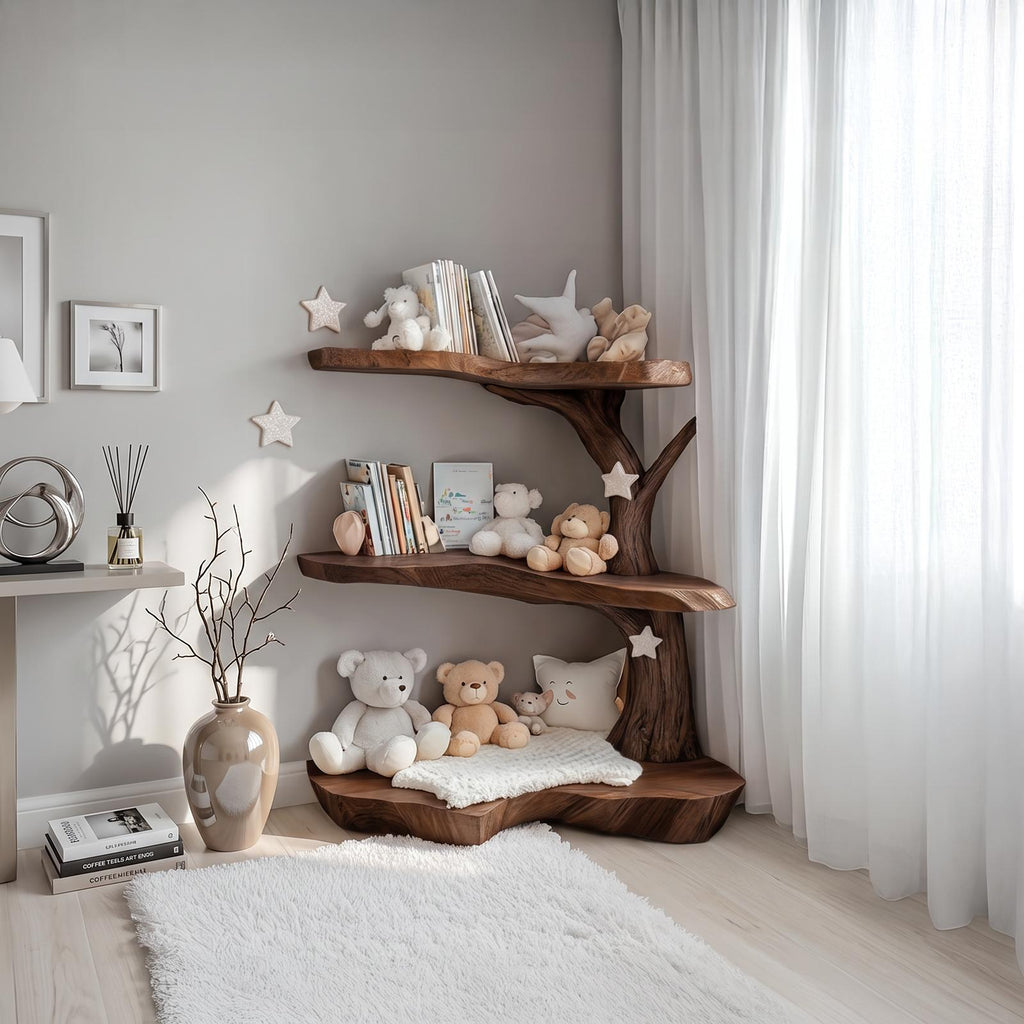 Spry Interior Rustic Corner Tree Bookshelf, Solid Wood Kids Bedroom Wall Mounted Bookcase & Floating Toy Storage Organizer Shelf - SINLSATB312