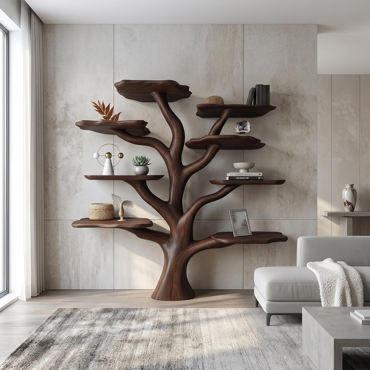 Rustic Mushroom Branch Bookshelf, Solid Wood Wall Mounted Bookcase & Floating Display Shelf for Living Room or Dining Room