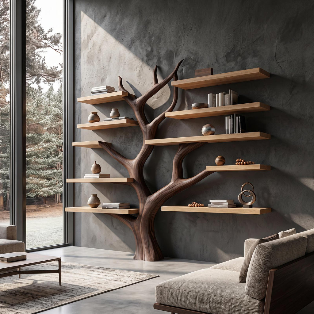 Rustic Tree Bookshelf, Solid Wood Wall Mounted Bookcase & Cozy Floating Storage Shelf for Bedroom or Living Room Decor
