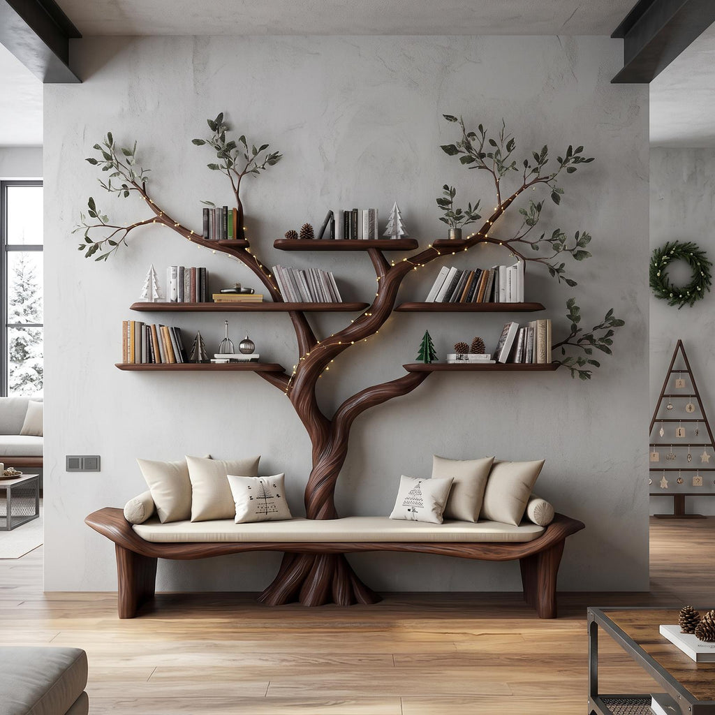 Rustic Sculptural Tree Bookshelf Bench Living Room Interior Statement Furniture