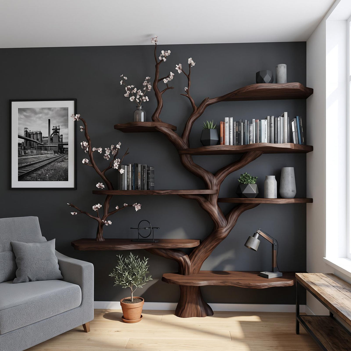 Sculptural Branch Bookcase, Solid Wood Tree Display Shelf for Living Room Interior Alcove Wall Decor