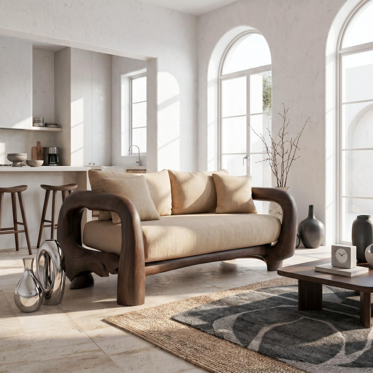 Contemporary Lounge Sofa Frame With Sculptural Wooden Base For Living Room