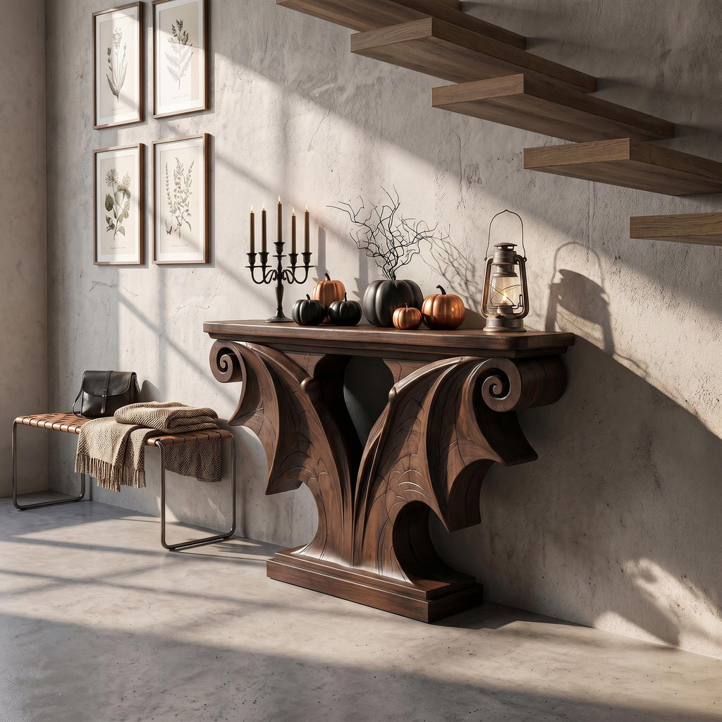Rustic Halloween Console Table With Sculptural Bat Wing Design For Entryway And Living Room
