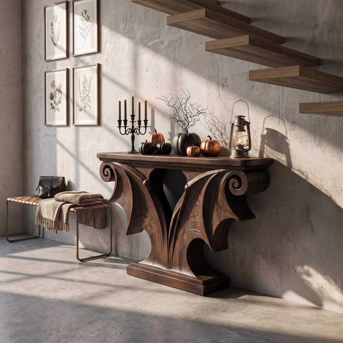 Rustic Halloween Console Table With Sculptural Bat Wing Design For Entryway And Living Room
