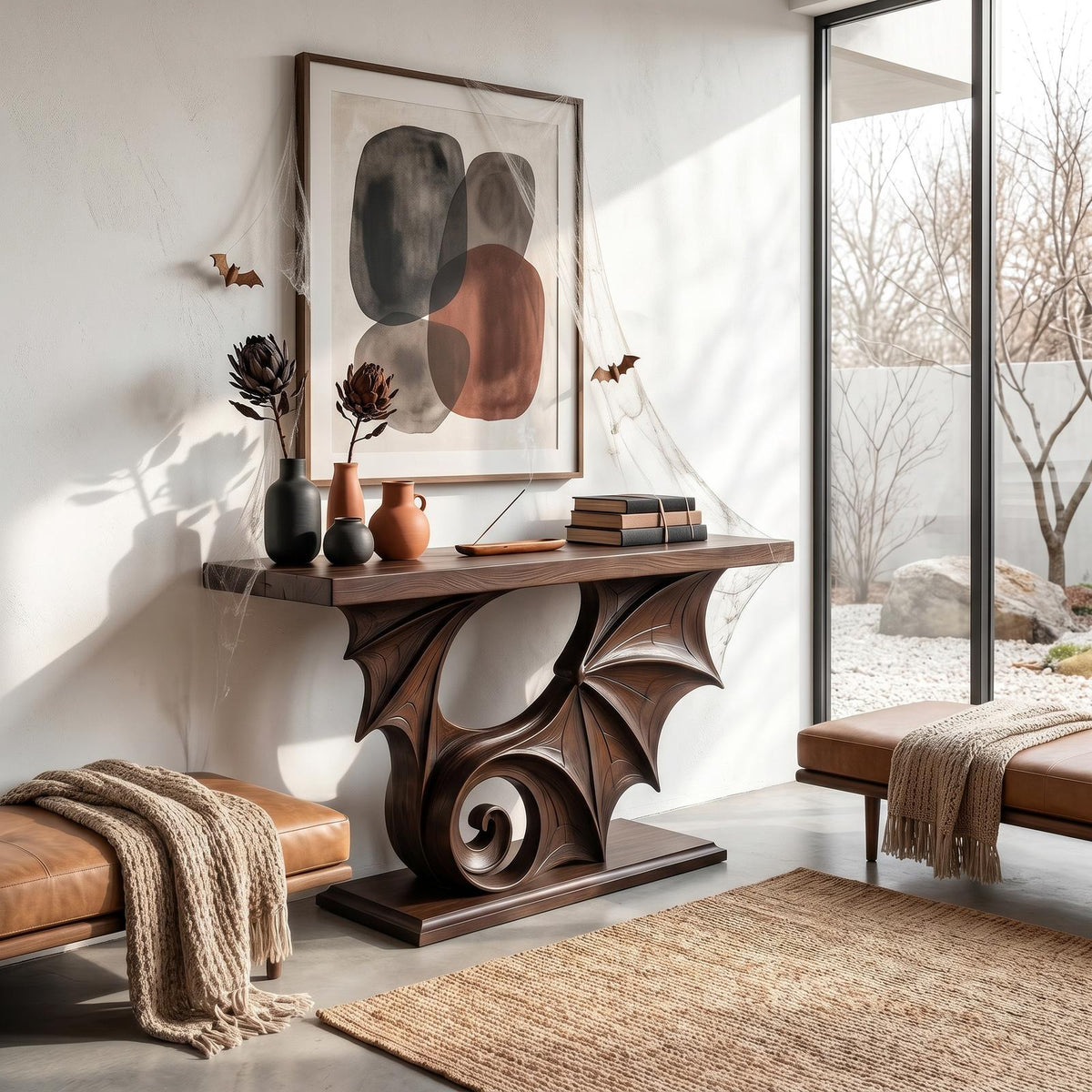 Gothic Halloween Console Table With Sculptural Bat Design For Entryway And Hallway