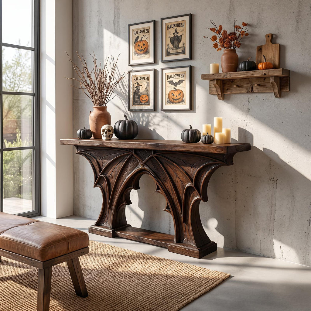 Rustic Halloween Console Table With Bat Wing Inspired Design For Hallway