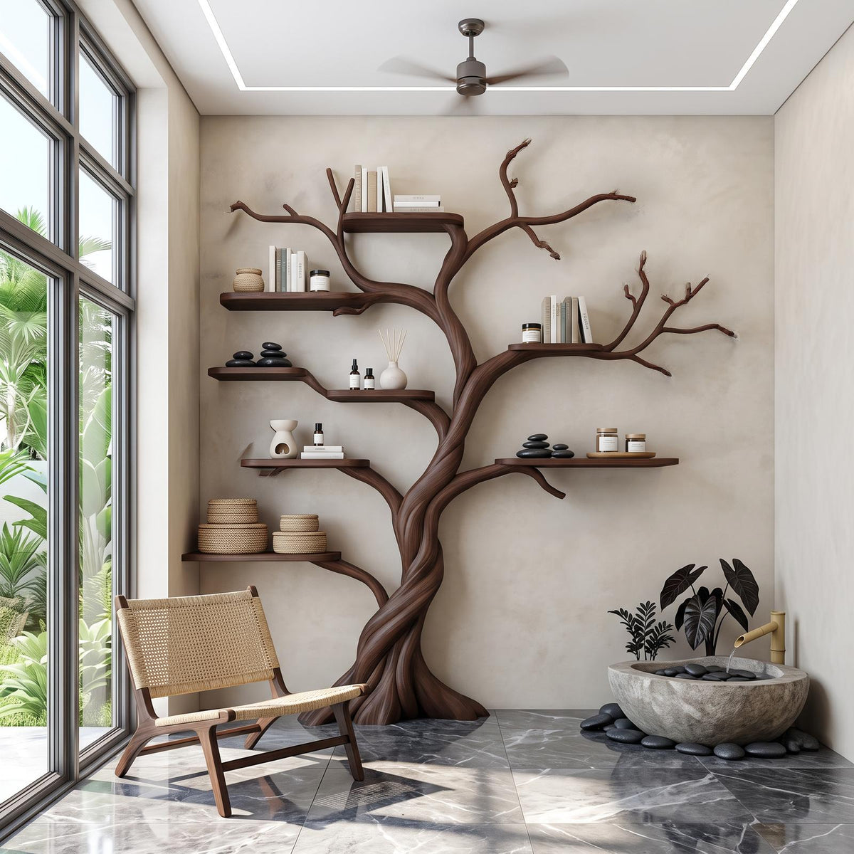 Rustic Tree Bookshelf, Solid Wood Wall Mounted Bookcase & Artistic Hanging Display Organizer for Modern Living Room