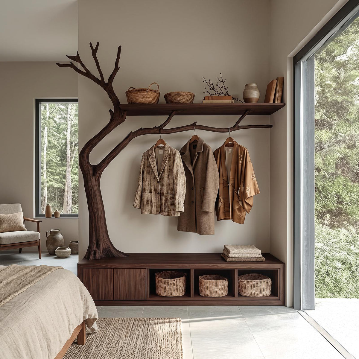 Rustic Wooden Cabinet With Tree Shaped Living And Bedroom