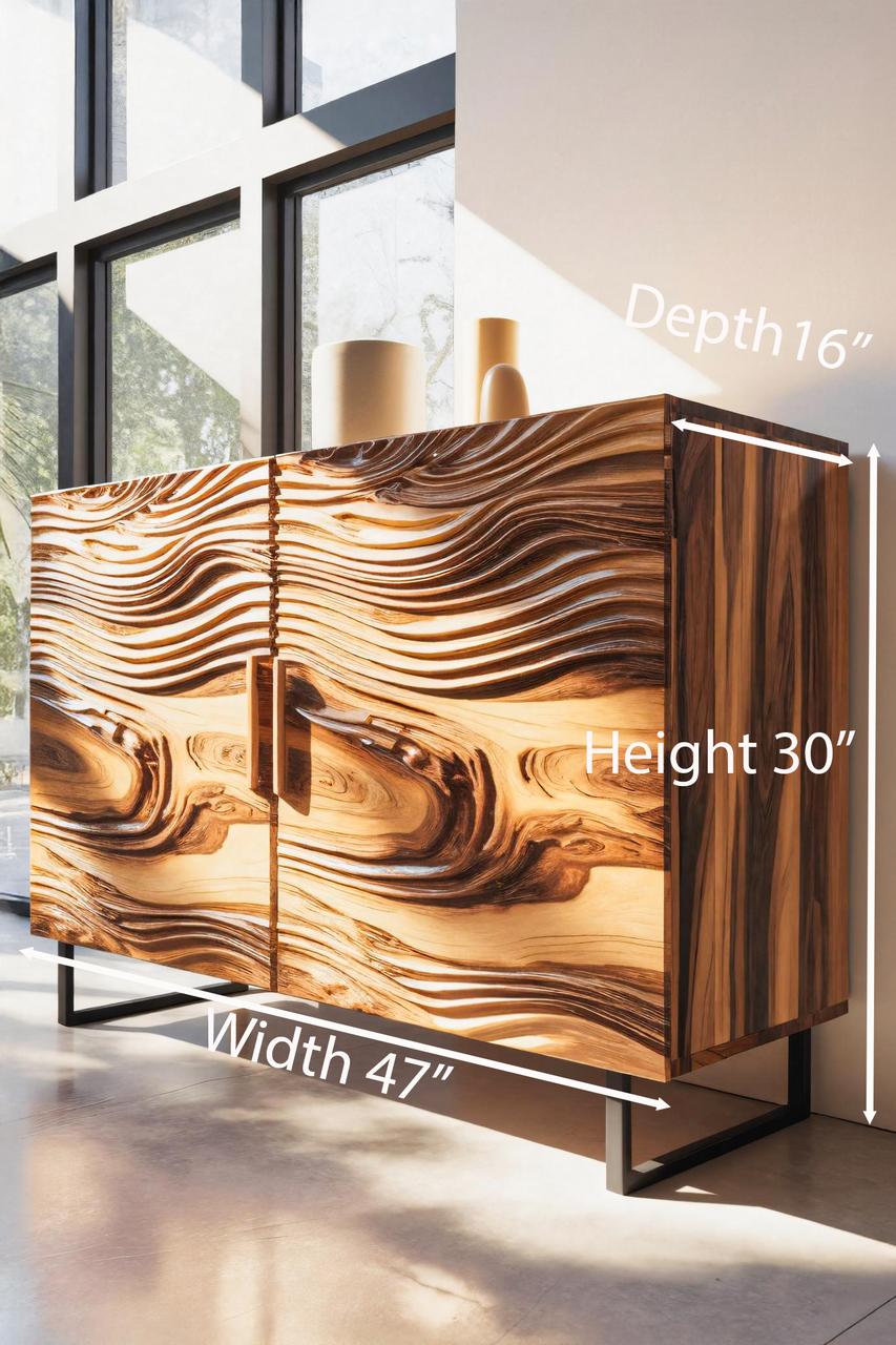 Modern Wavy Wood Sideboard Sculptural Cabinet For Entryway Or Living Room