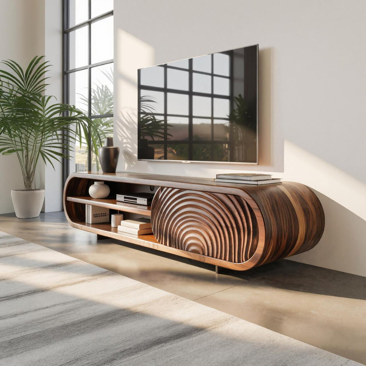 Modern Rounded Wood TV Stand With Sculpted Doors For Living Room