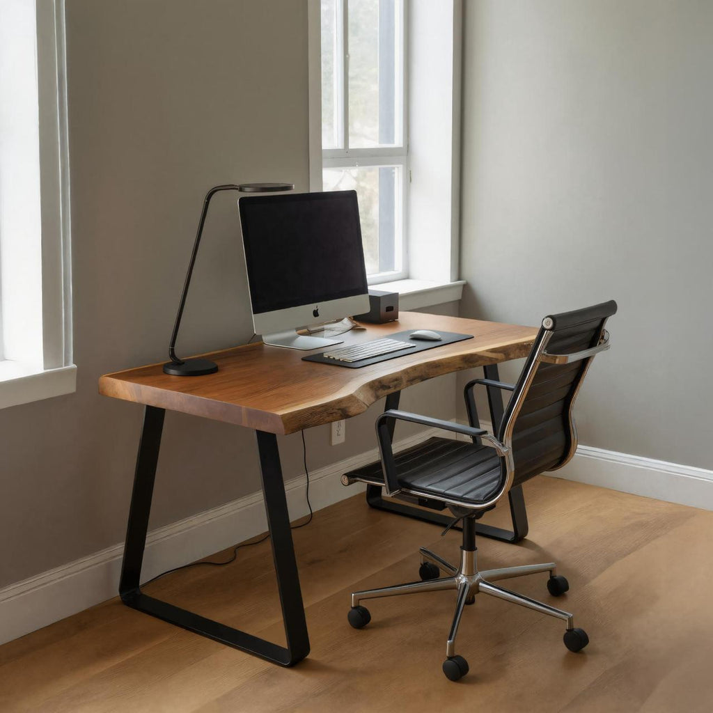 Modern Live Edge Office Desk with Metal Legs, Solid Wood Computer Writing Table for Home Workspace, Study