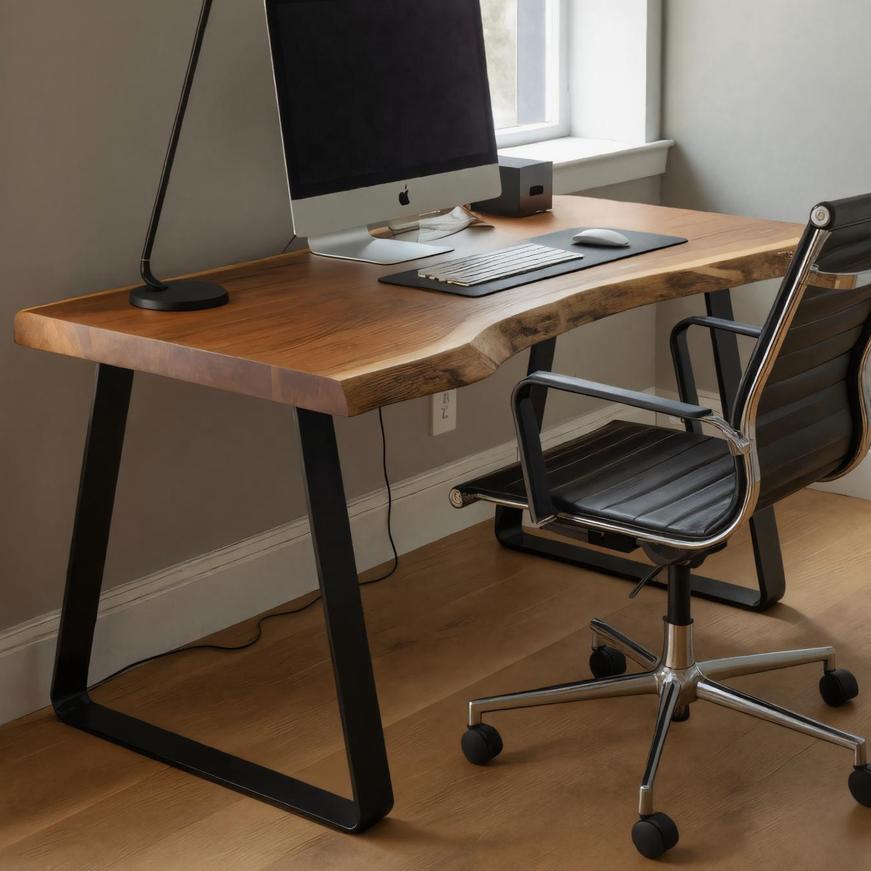 Modern Live Edge Office Desk with Metal Legs, Solid Wood Computer Writing Table for Home Workspace, Study