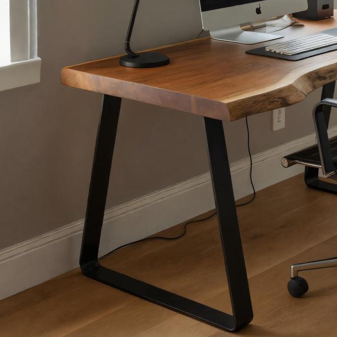 Modern Live Edge Office Desk with Metal Legs, Solid Wood Computer Writing Table for Home Workspace, Study