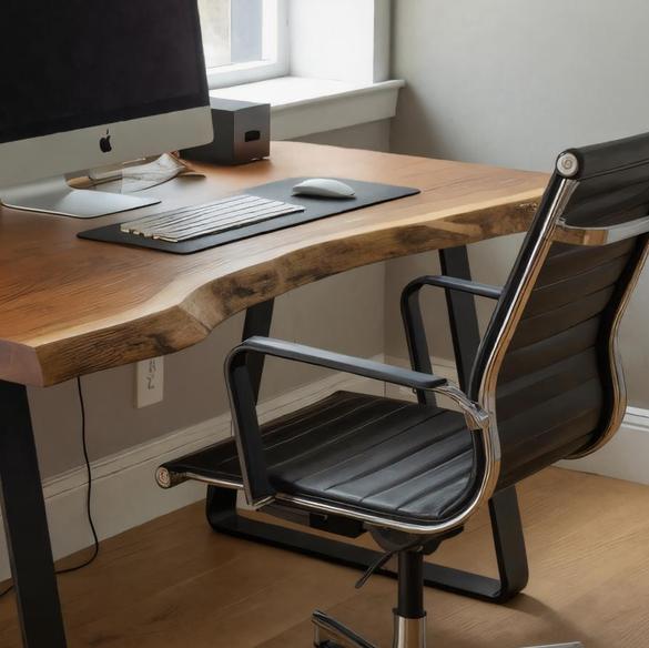 Modern Live Edge Office Desk with Metal Legs, Solid Wood Computer Writing Table for Home Workspace, Study