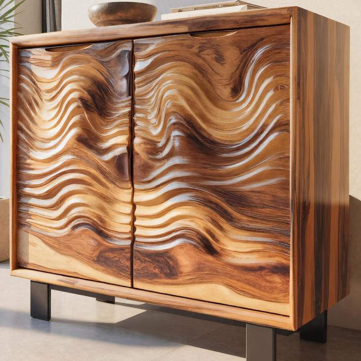 Modern Wavy Front Wooden Cabinet, Artistic Solid Wood Sideboard & Buffet Credenza for Entryway & Living Room