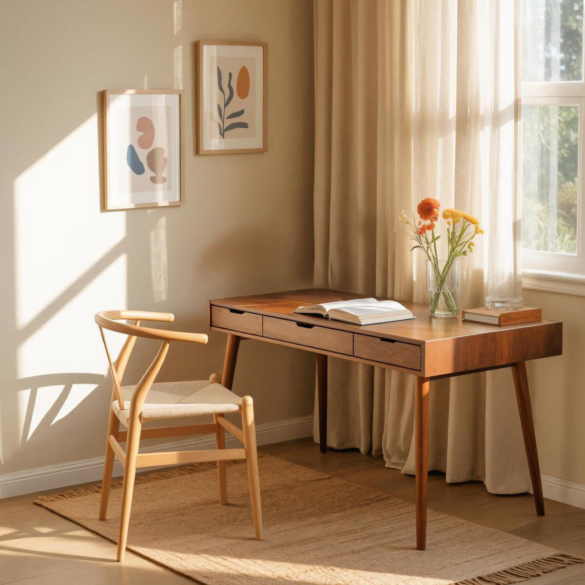 Mid-Century Modern Wood Desk with Drawers, Solid Wood Computer Study Table, Writing Desk for Home Office