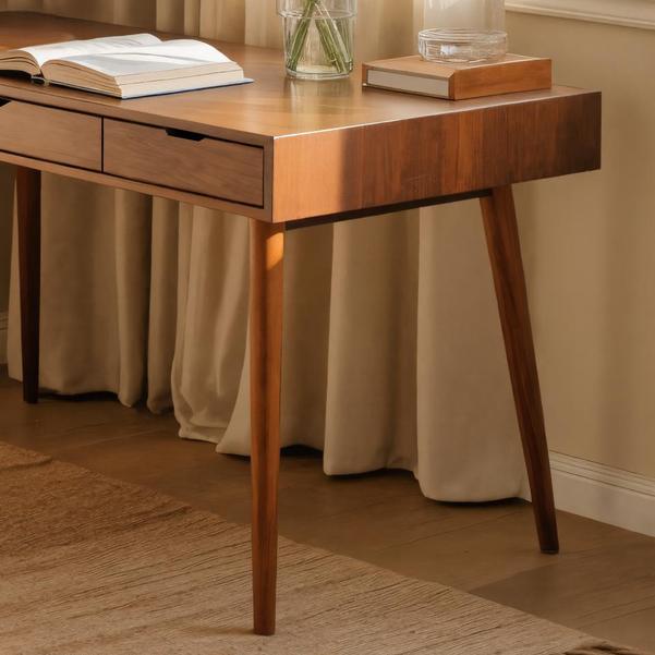 Mid-Century Modern Wood Desk with Drawers, Solid Wood Computer Study Table, Writing Desk for Home Office