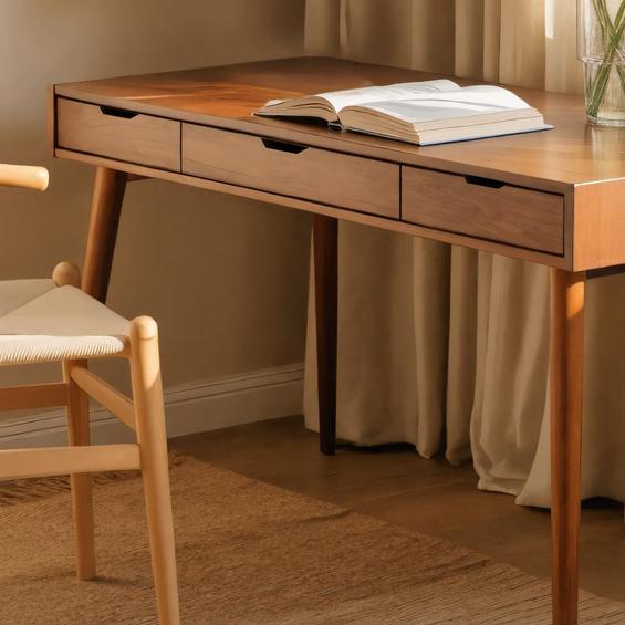 Mid-Century Modern Wood Desk with Drawers, Solid Wood Computer Study Table, Writing Desk for Home Office