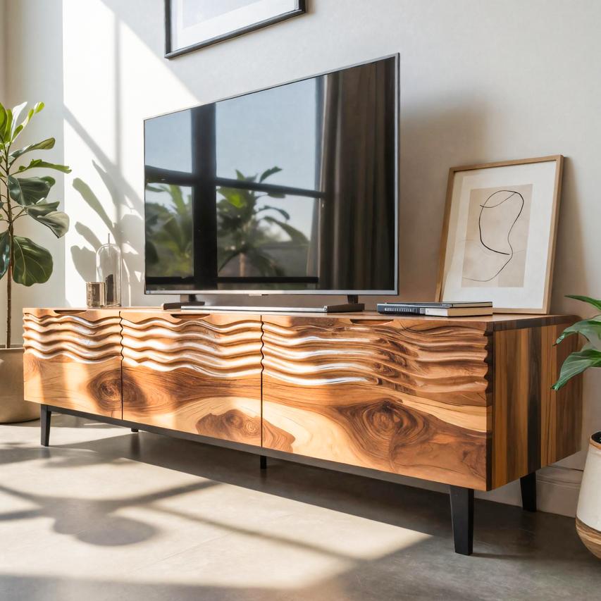 Modern Organic Wooden Sideboard, Wavy Front Solid Wood Buffet Cabinet, Artistic Credenza for Living Room
