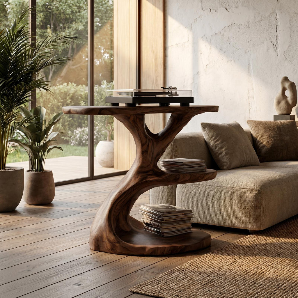 Modern Organic Side Table, Multi-Level Solid Wood End Table & Nightstand for Living Room & Bedroom