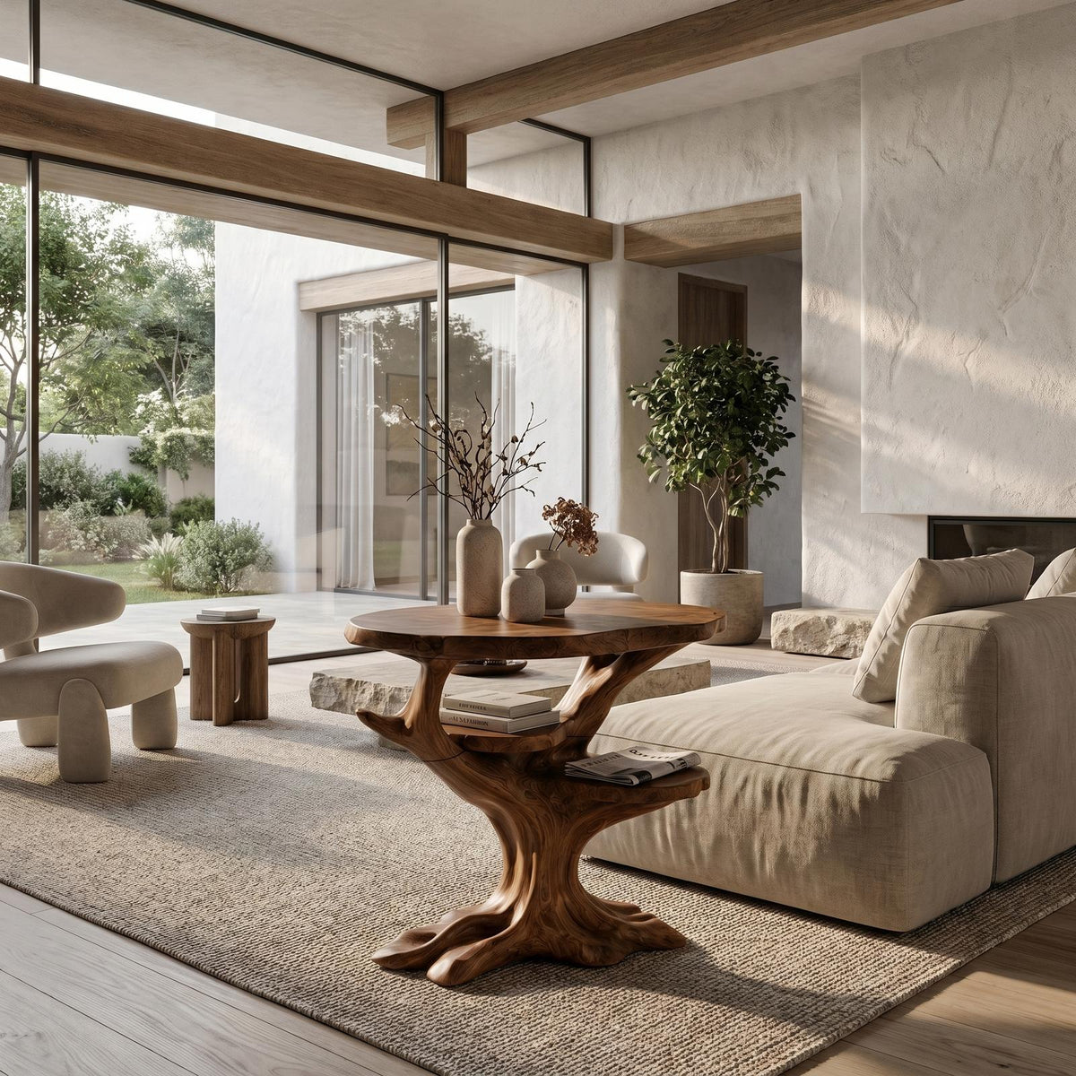 Organic Sculptural Side Table, Solid Wood Display End Table & Nightstand for Living Room and Bedroom