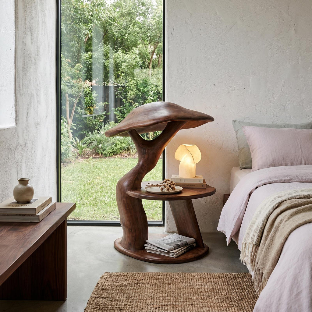 Spry Interior Organic Mushroom Nightstand, Sculptural Solid Wood End Table with Record Vinyl Storage for Bedside, SINLHABT259