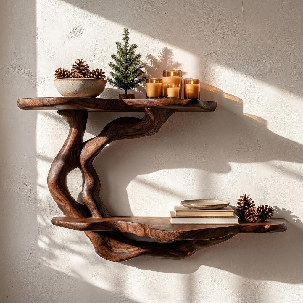 Handcrafted Floating Shelf With Sculptural Tree Form For Living Room Decor