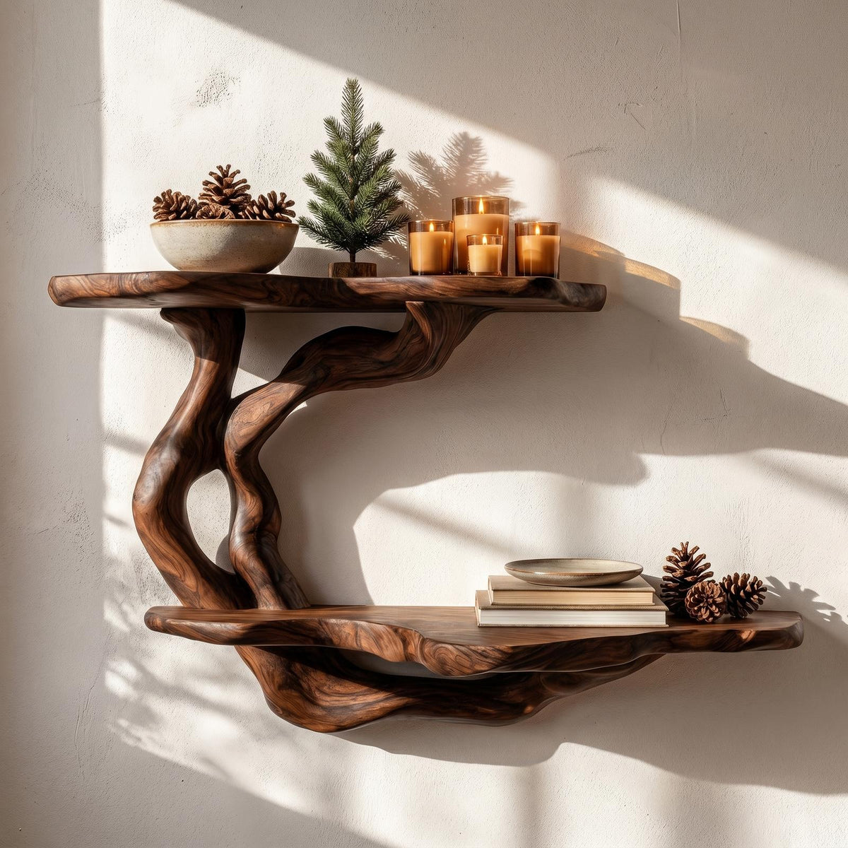 Handcrafted Floating Shelf With Sculptural Tree Form For Living Room Decor