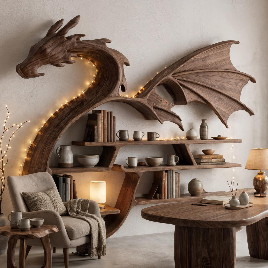 Medieval Dragon Wall Shelf With Sculptural Wooden Display Storage For Living Room