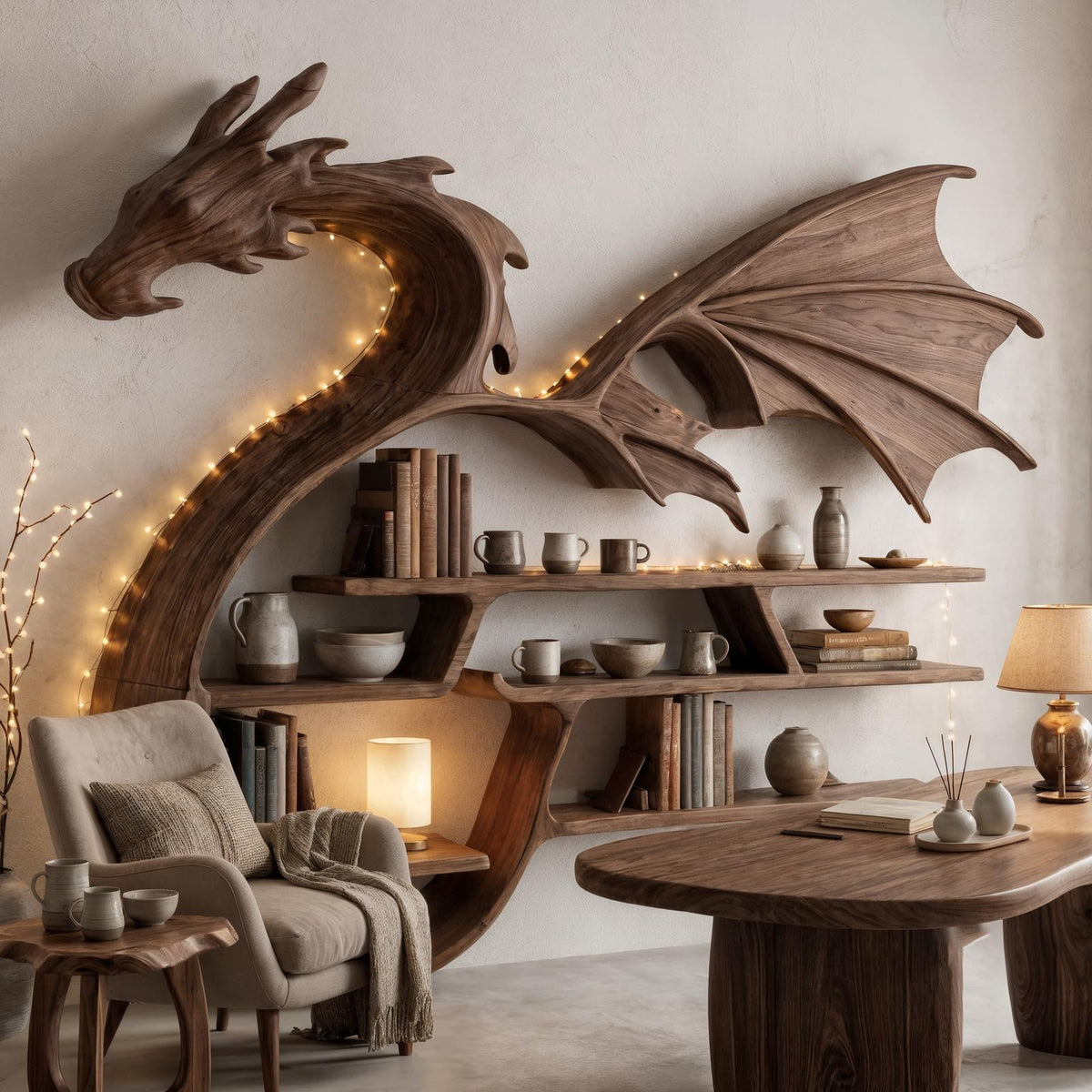 Medieval Dragon Wall Shelf With Sculptural Wooden Display Storage For Living Room