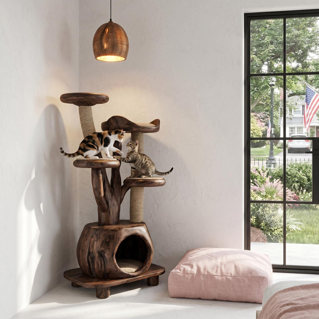 Rustic Tree Cat Tower With Cozy Pet Bed For Living Room SINLHAPB011