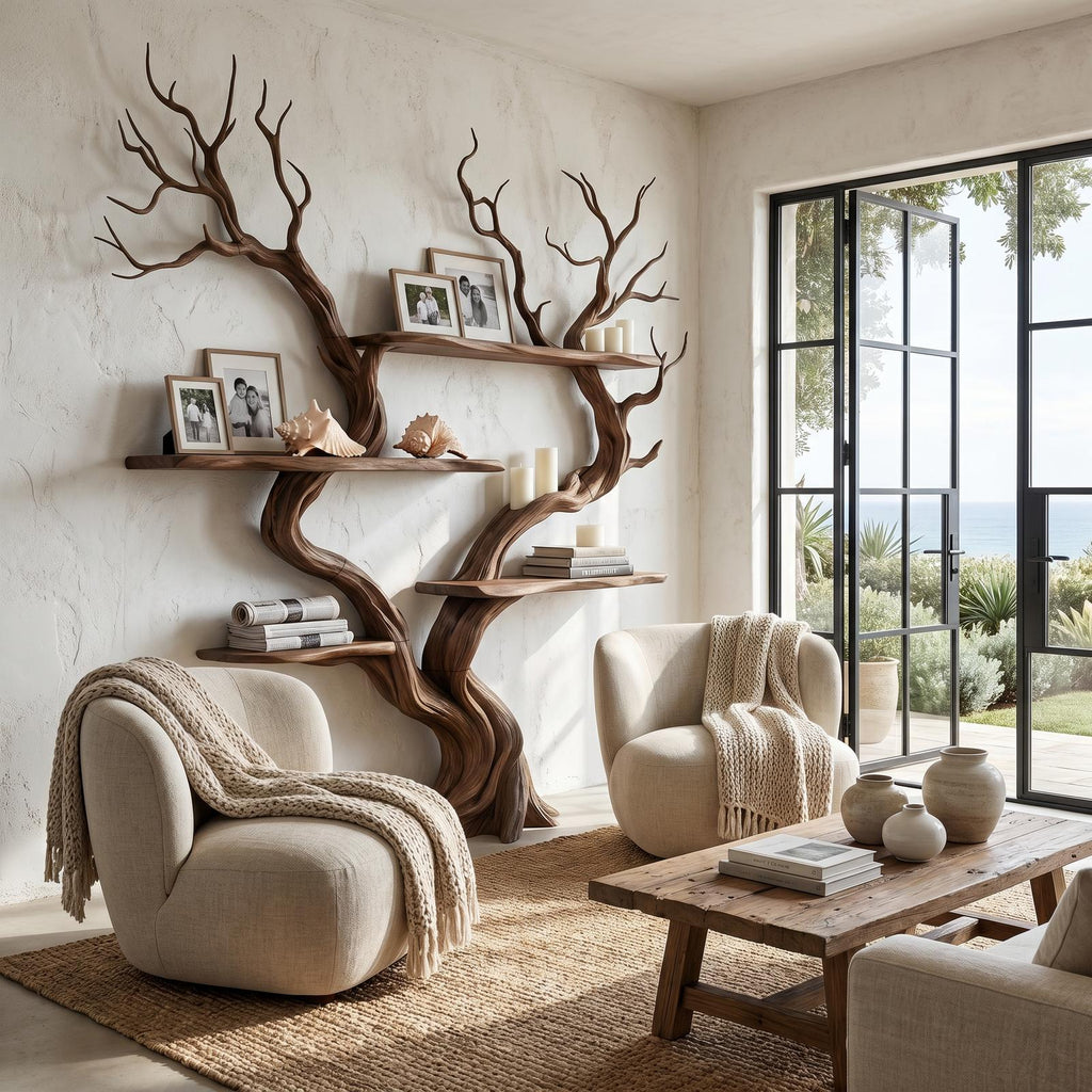 Organic Tree Wall Shelf With Multi Tier Display Shelves For Home
