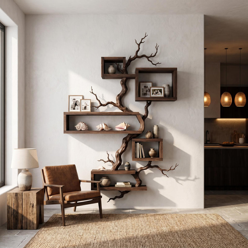 Organic Sculptural Floating Shelf With Tree Branch Design For Living Room