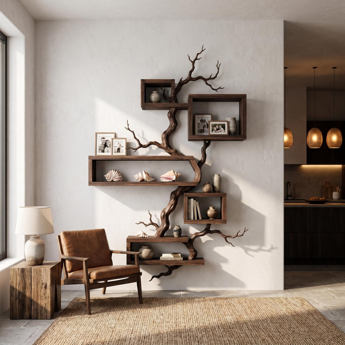 Organic Sculptural Floating Shelf With Tree Branch Design For Living Room