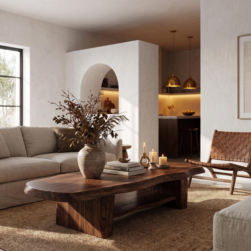 Nature Inspired Coffee Table With Sculptural Wood Base For Living Room