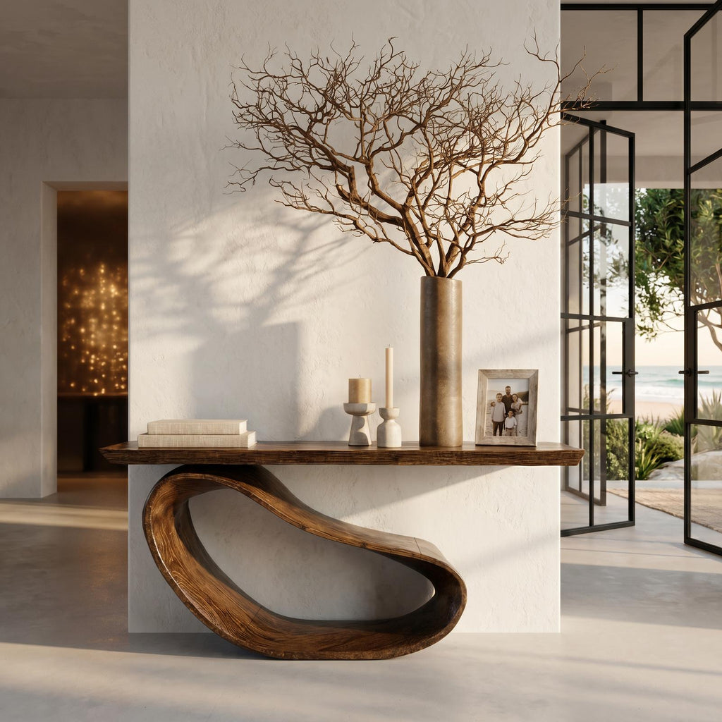 Minimalist Console Table With Sculptural Wood Base For Entryway