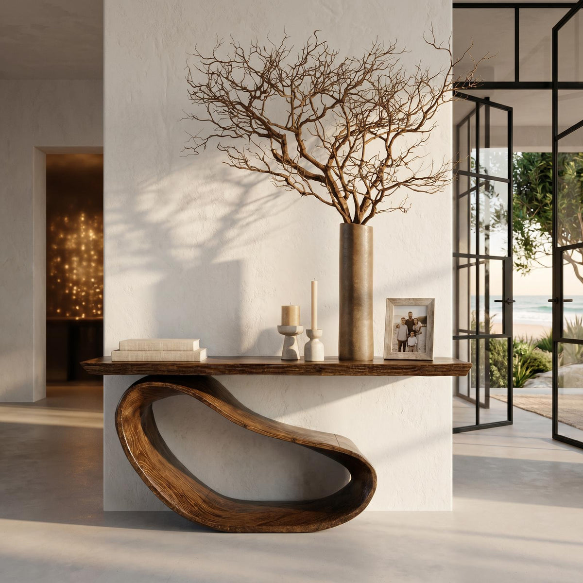 Minimalist Console Table With Sculptural Wood Base For Entryway