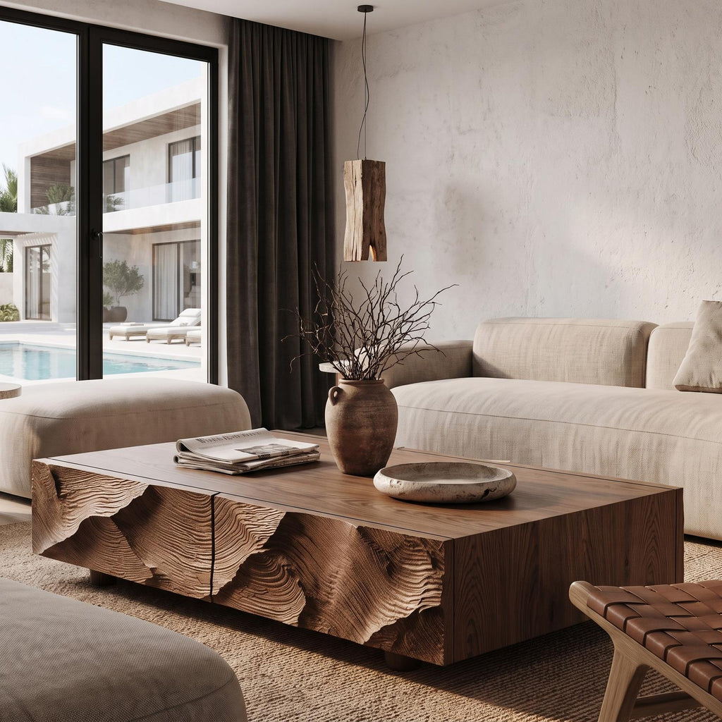 Contemporary Coffee Table With Sculptural Carved Drawer Front For Living Room
