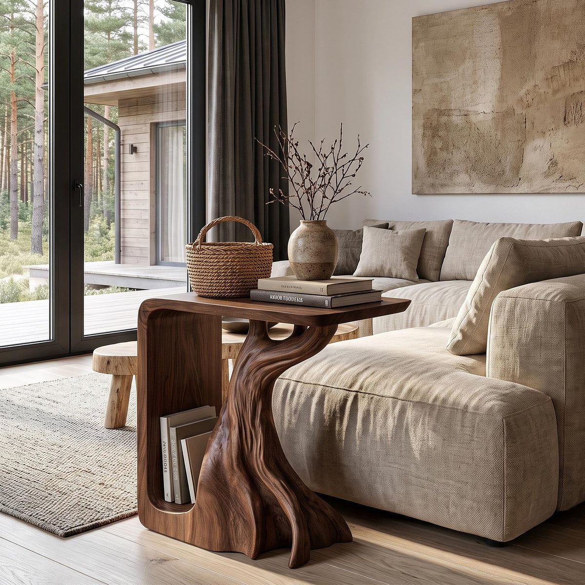 Rustic Sculptural Bedside Table With Root Inspired Base For Living Room
