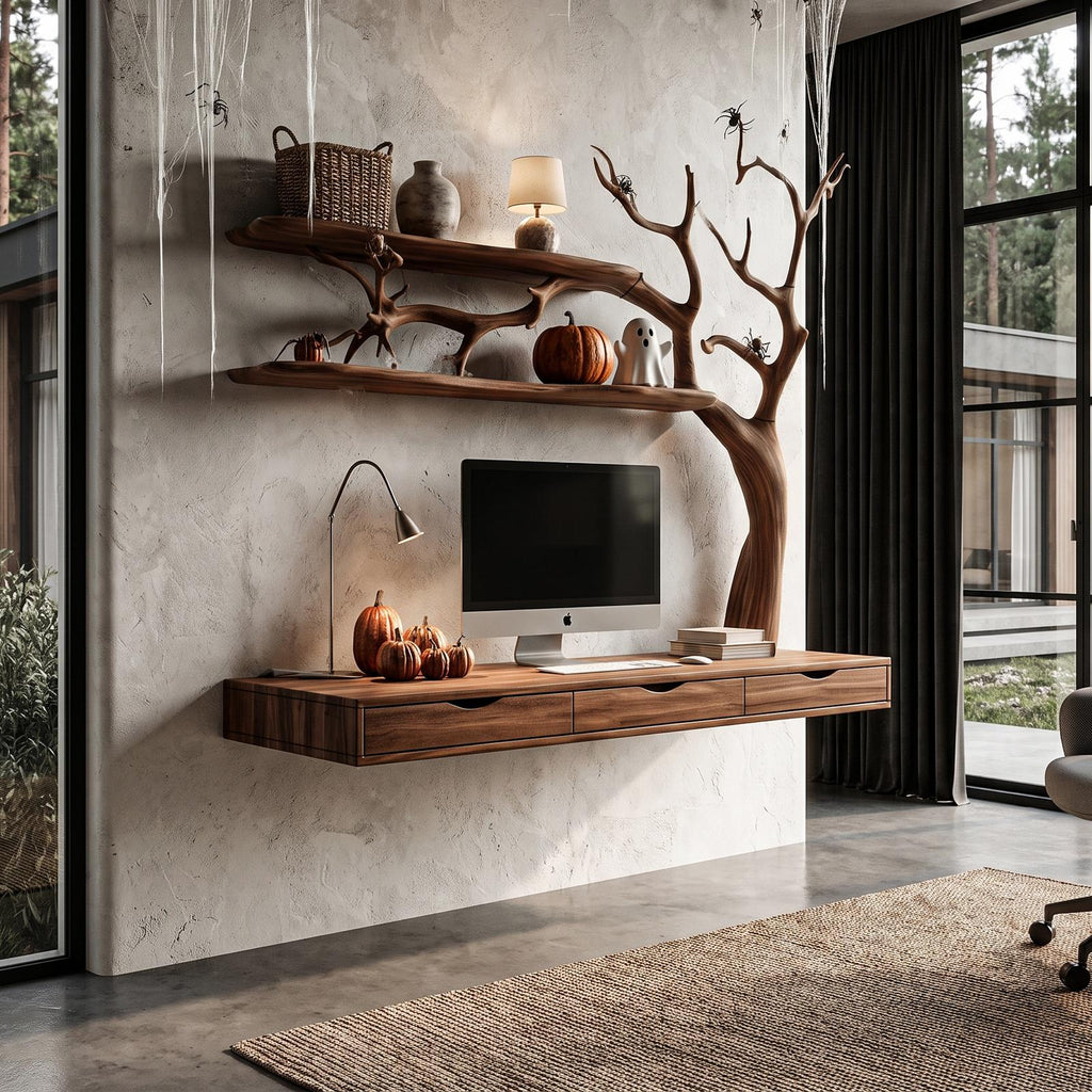 Natural Halloween Desk With Drawers And Spooky Branch Design For Home Office
