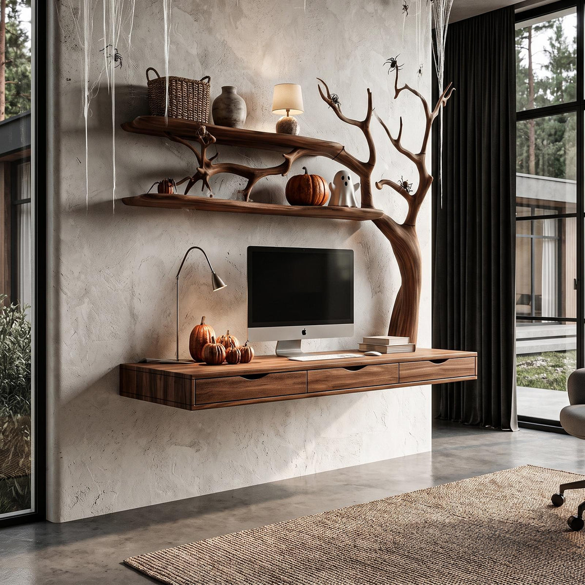 Natural Halloween Desk With Drawers And Spooky Branch Design For Home Office