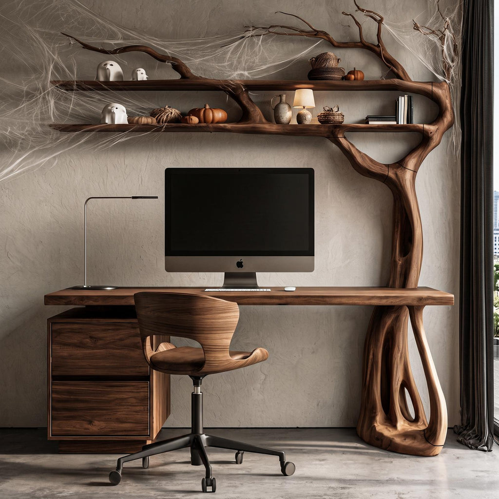 Natural Halloween Tree Desk With Spooky Branch Bookshelf For Bedroom