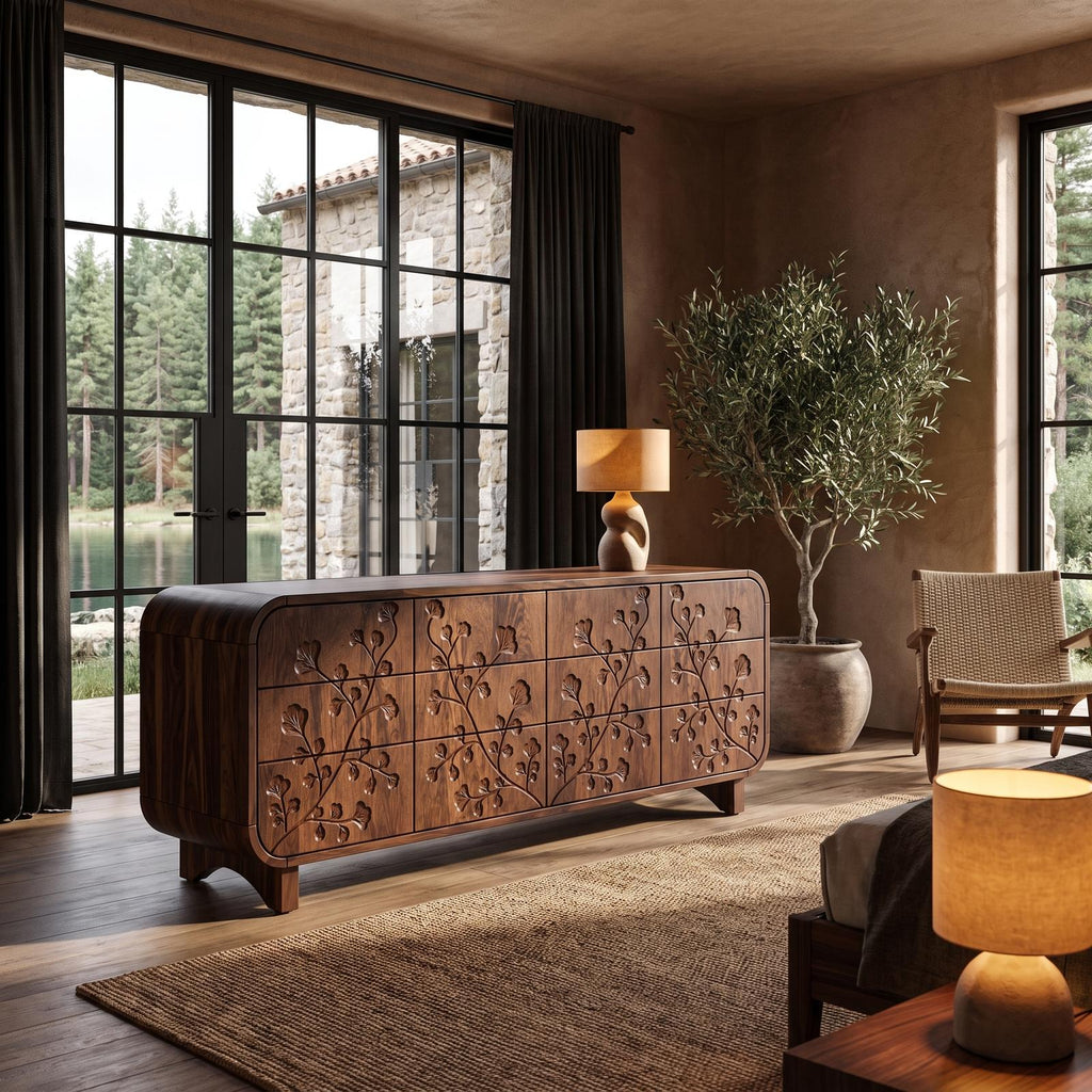 Minimalist All Wood Dresser With Subtle Leaf Carving And Soft Rounded Frame For Bedroom