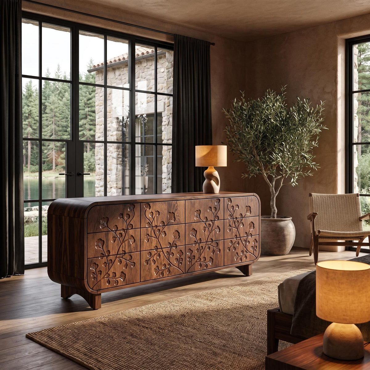Minimalist All Wood Dresser With Subtle Leaf Carving And Soft Rounded Frame For Bedroom