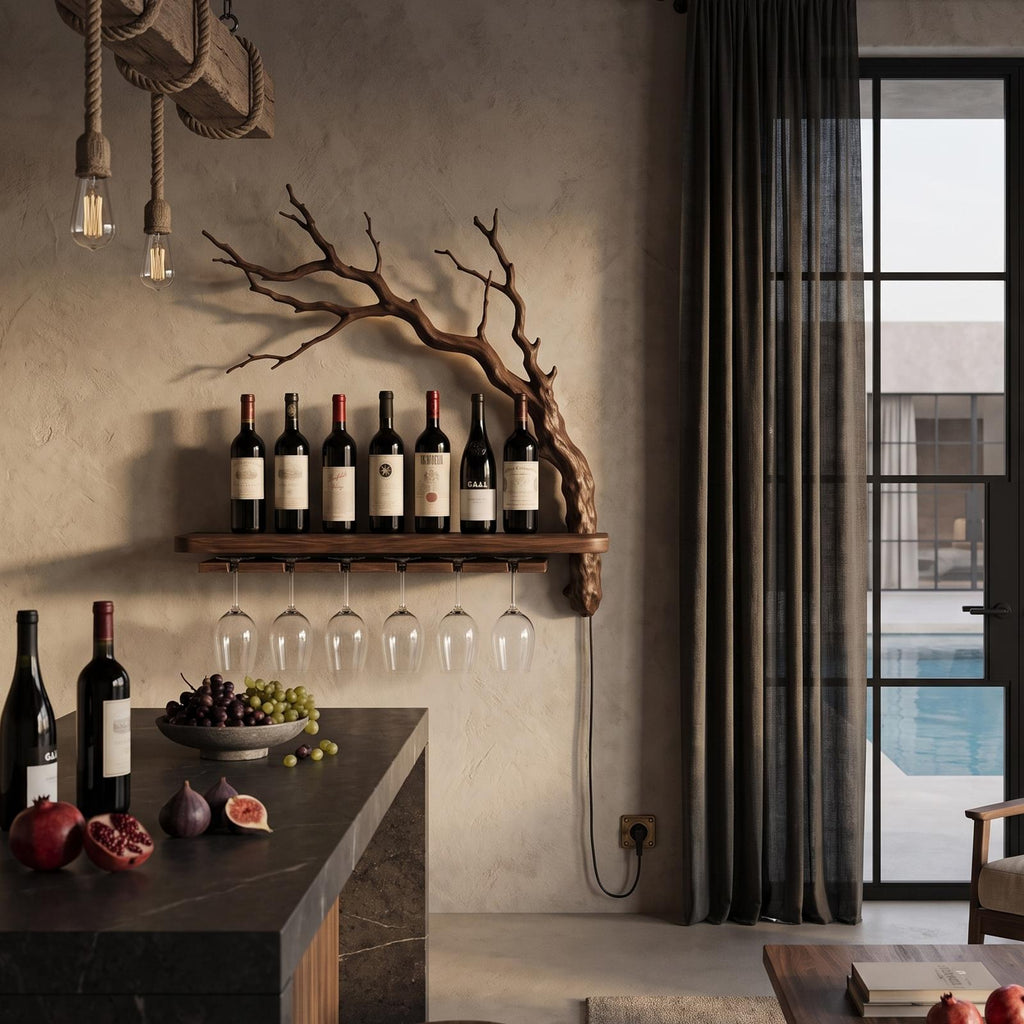 Rustic Wall Mounted Wine Rack With Wine Glass Holder For Dining Room And Home Bar