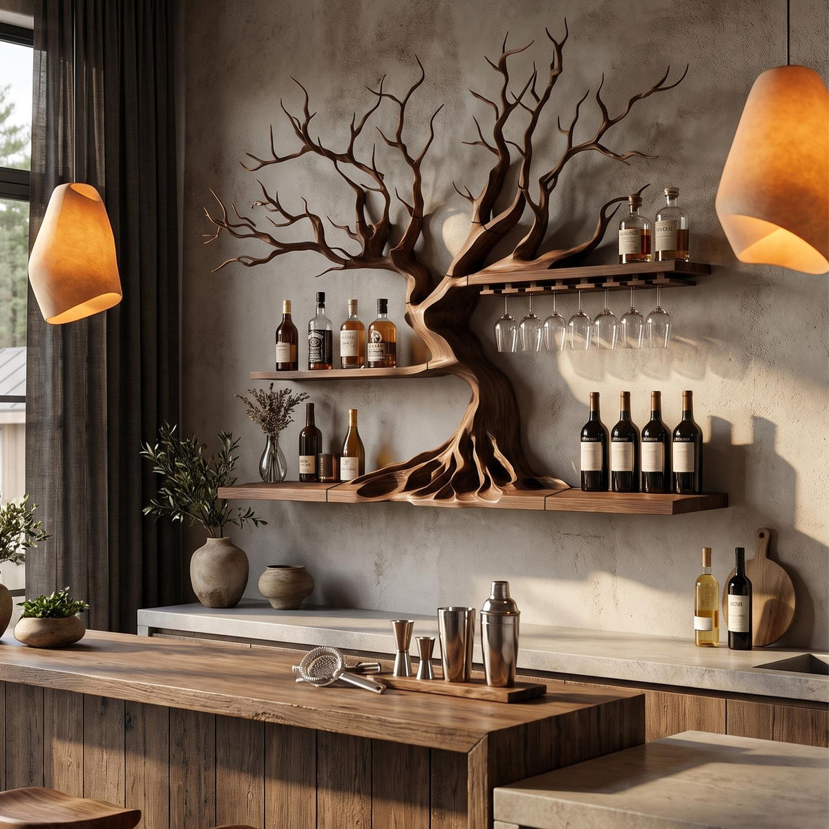 Modern Wooden Wine Rack With Sculptural Tree Frame For Kitchen And Dining Room