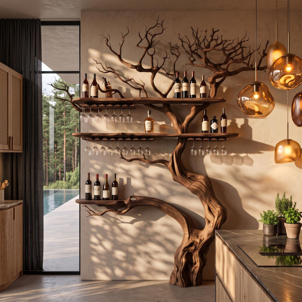 Farmhouse Wall Hanging Wine Rack With Rustic Tree Silhouette For Dining Room