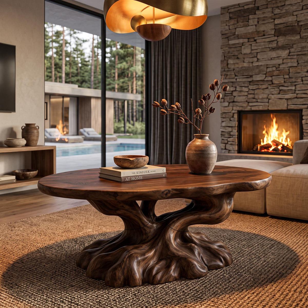 Rustic Coffee Table With Tree Root Inspired Base For Living Room
